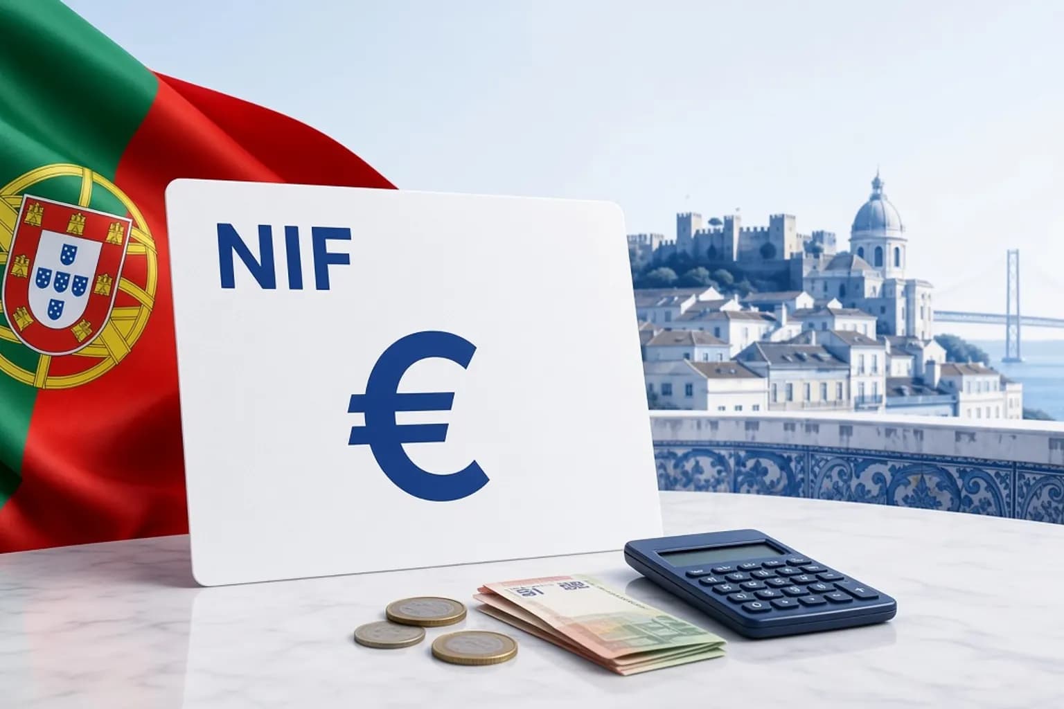Cost of a Portuguese NIF shown with euro coins and a NIF card