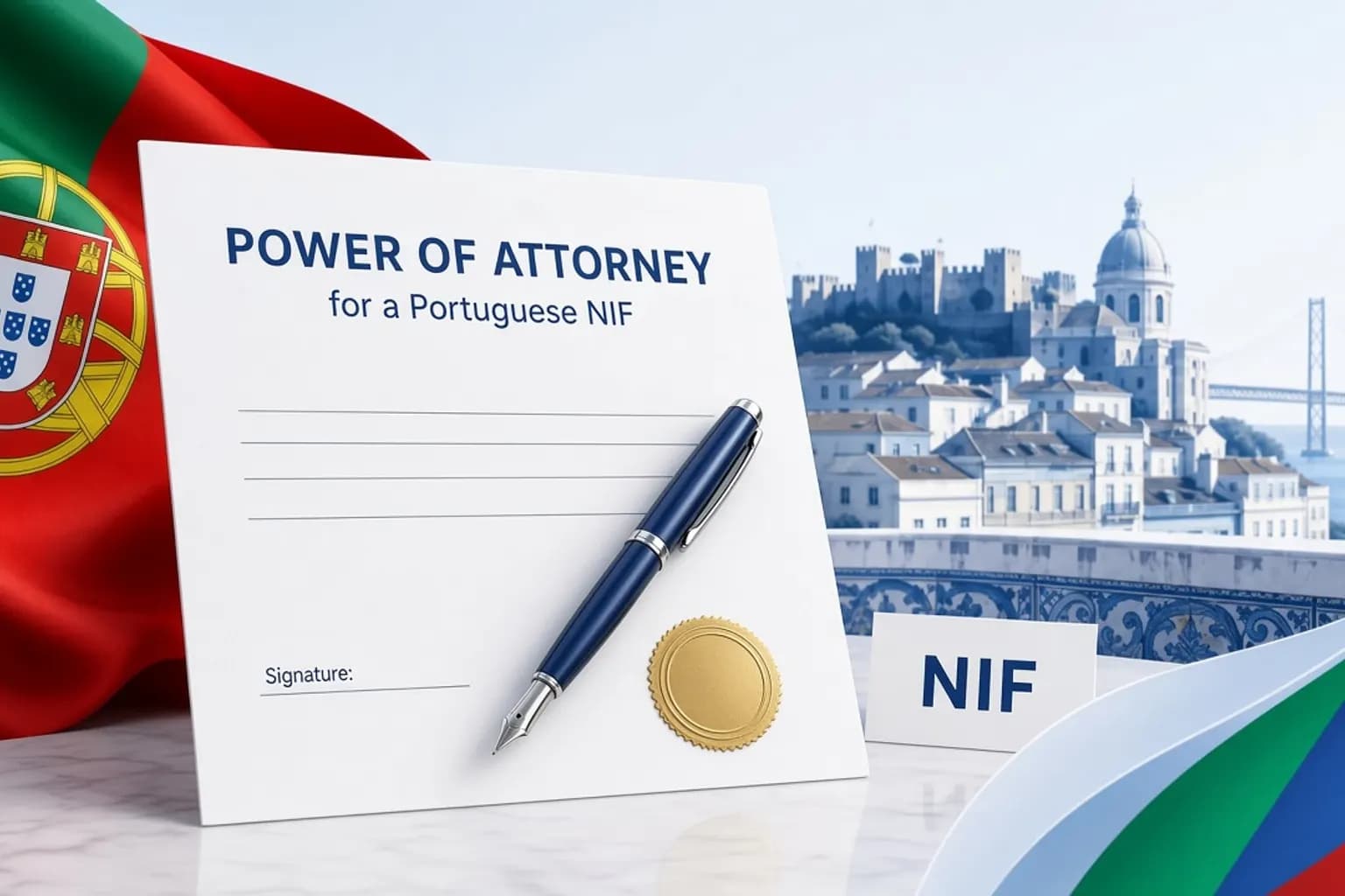 Power of attorney document and pen for a Portuguese NIF application