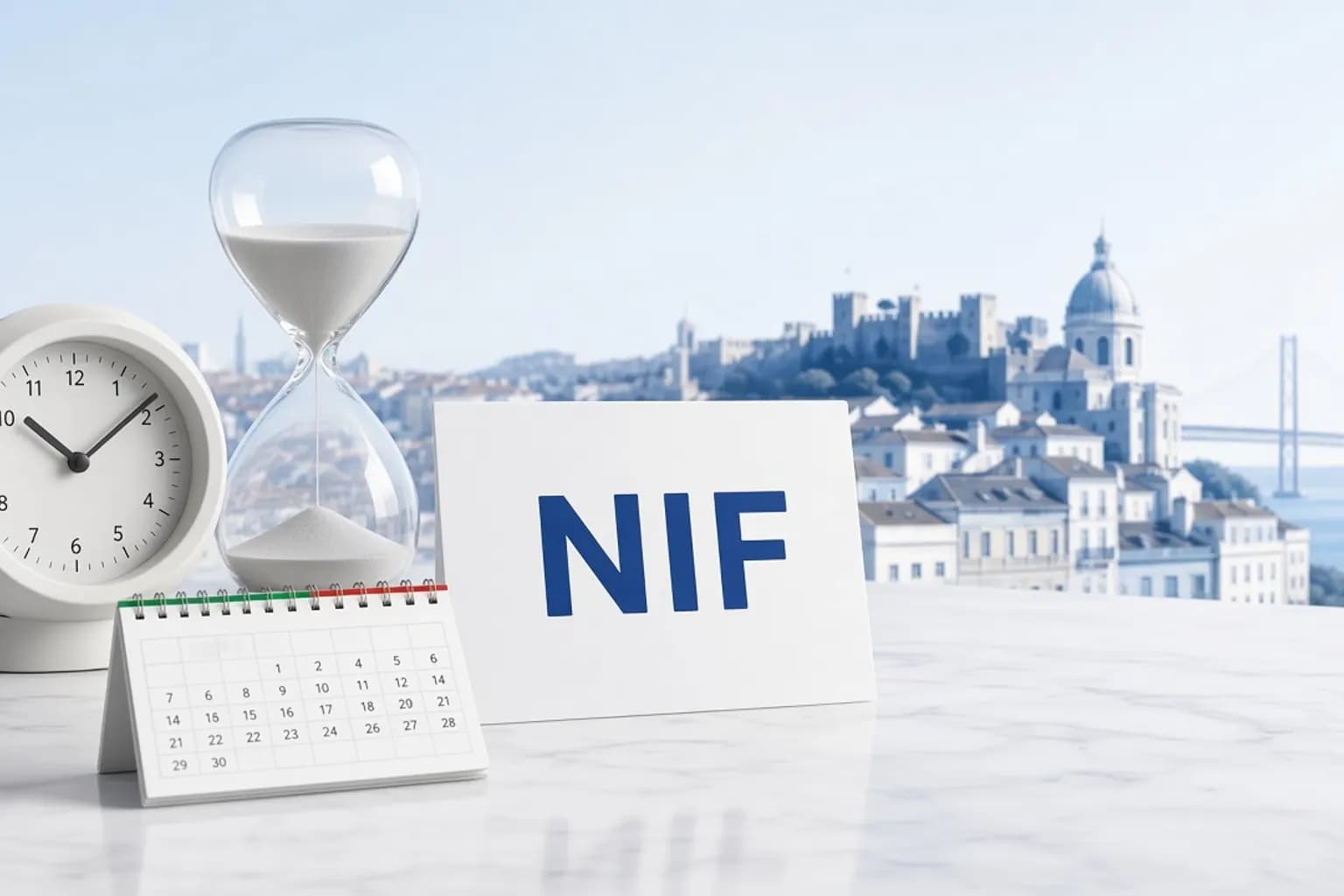 Clock and calendar illustrating Portuguese NIF processing times