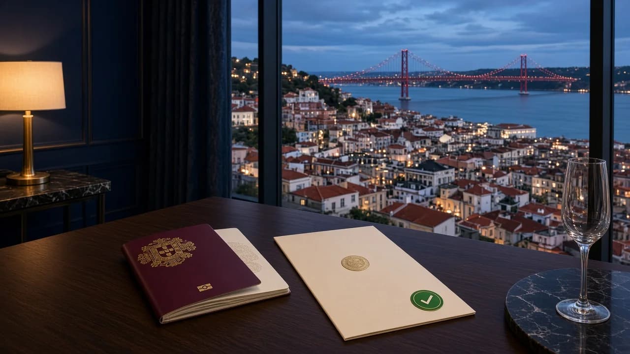 Portuguese passport and approved NIF documents with Lisbon view — EasyNif